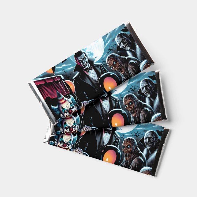 Zombie, Clown, Vamp and Haunted Doll Halloween Hershey Bar Favors (Front)