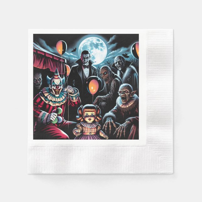 Zombie, Clown, Vamp and Haunted Doll Halloween Napkins (Front)