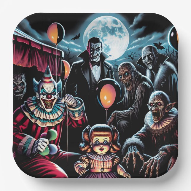 Zombie, Clown, Vamp and Haunted Doll Halloween Paper Plates (Front)