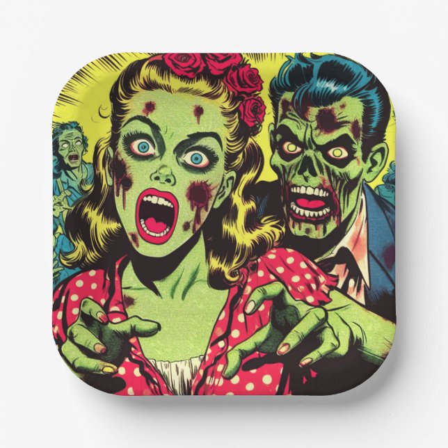 Zombie Couple Retro Comics Paper Plates (Front)