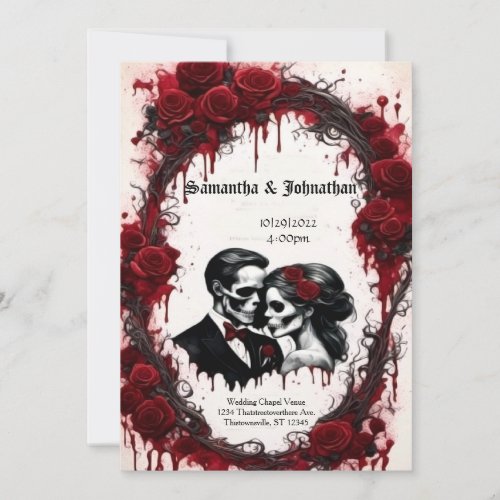 Zombie Couple Skulls and Roses Goth Wedding Invitation