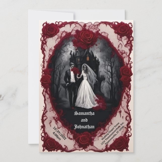 Zombie Couple with Haunted House Goth Wedding Invitation (Front)