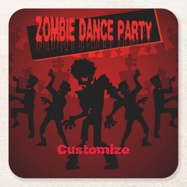 Zombie Dance Party Black & Orange Square Paper Coaster (Front)