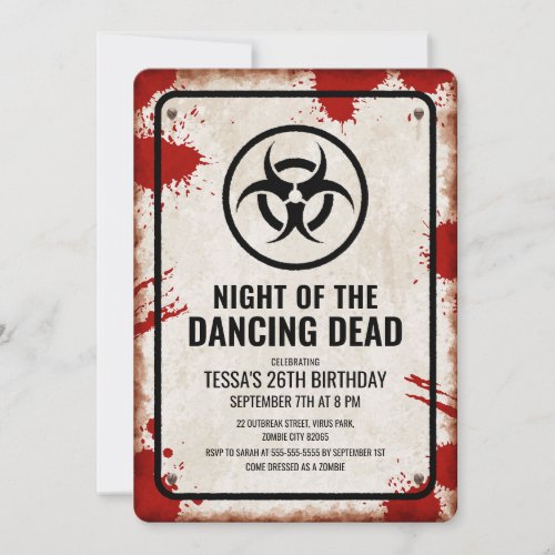 Zombie dance party with blood and weathered sign invitation