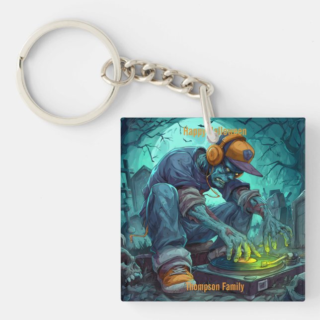 Zombie DJ Rave Halloween Party Vibes Keychain (Front)