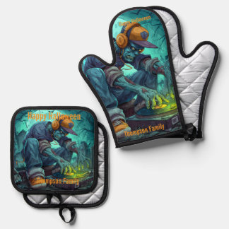 Zombie DJ Rave Halloween Party Vibes Oven Mitt & Pot Holder Set