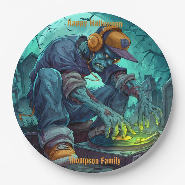 Zombie DJ Rave Halloween Party Vibes Paper Plates (Front)
