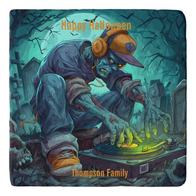 Zombie DJ Rave Halloween Party Vibes Trivet (Front)