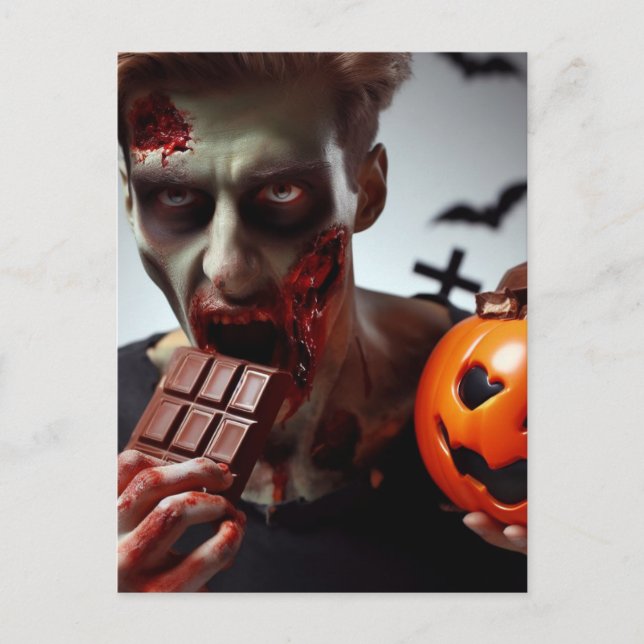 Zombie Eating Halloween Chocolate Postcard (Front)