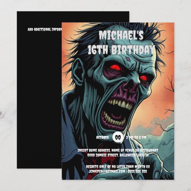 Zombie face comic art monster spooky adults invitation (Front/Back)