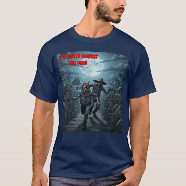 Zombie Farmer – Creepy Corn Harvest Farm Scene T-Shirt (Front)
