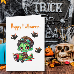 Zombie flying Airplane Bats Aviator Halloween Card