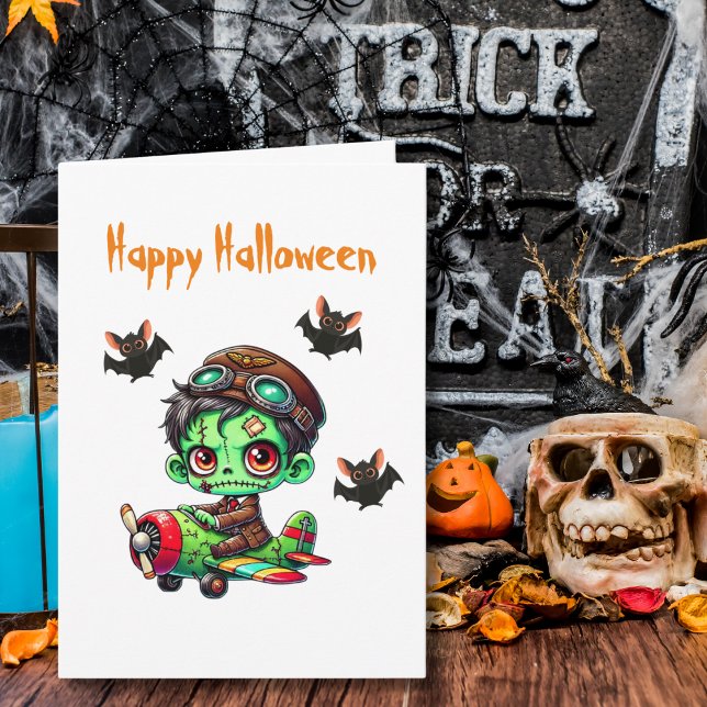 Zombie flying Airplane Bats Aviator Halloween Card (Creator Uploaded)