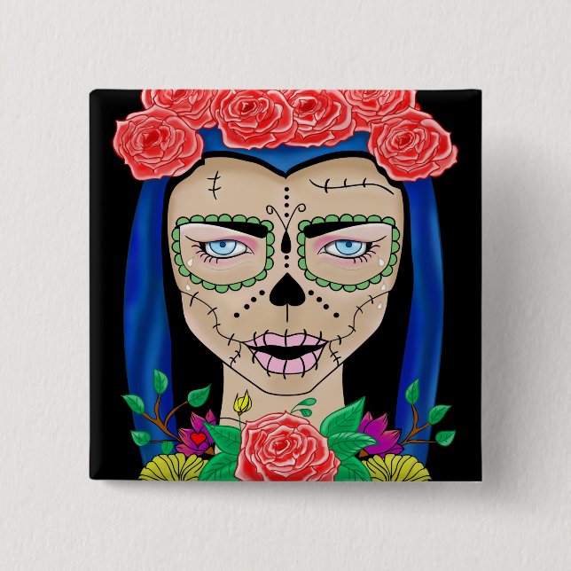 Zombie girl illustration with a crown of roses pinback button (Front)