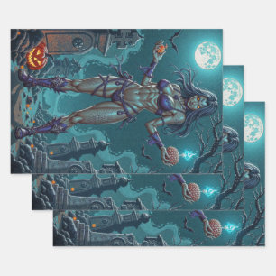Zombie Girl Offers Halloween Treat or Brains Wrapping Paper Sheets