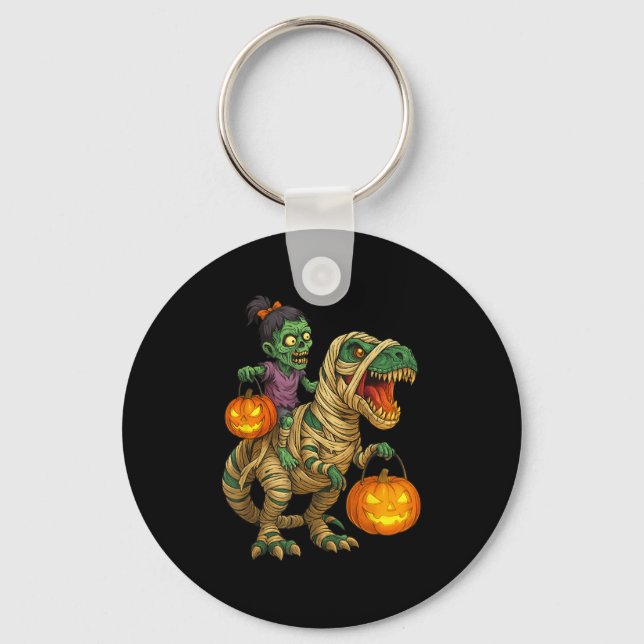 Zombie Girl Riding Mummy T Rex Halloween Kids Tric Keychain (Front)
