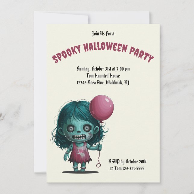 Zombie girl with balloon. Spooky Halloween Party Invitation (Front)
