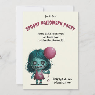 Zombie girl with balloon. Spooky Halloween Party Invitation