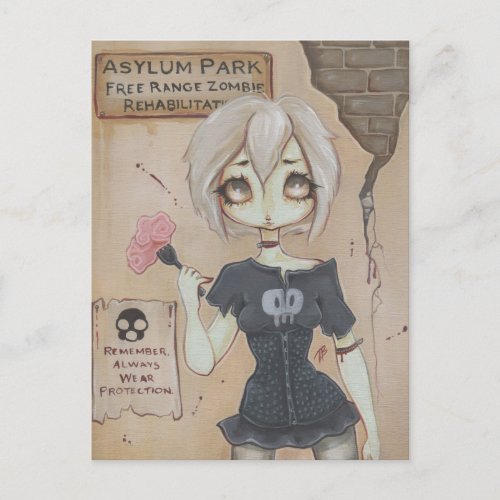 Zombie goth girl cute postcard brain undead