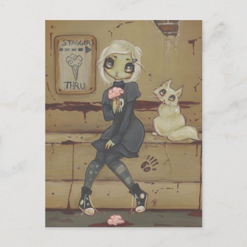 Zombie goth girl cute postcard cat undead