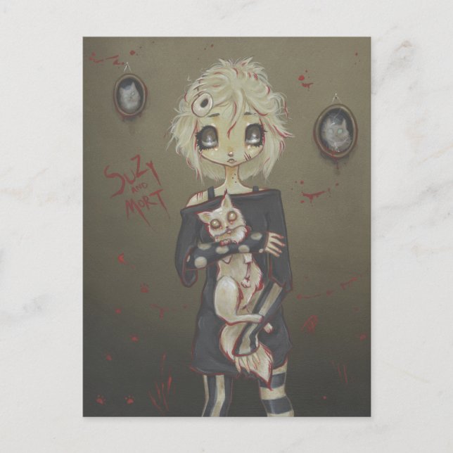Zombie goth girl cute postcard undead cat (Front)