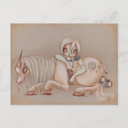 Zombie goth unicorn girl fantasy art gothic postcard