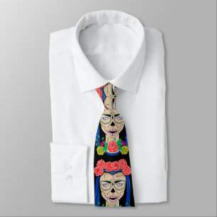 Zombie halloween girl with roses neck tie