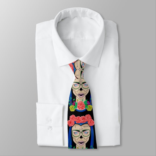 Zombie halloween girl with roses neck tie (Tied)