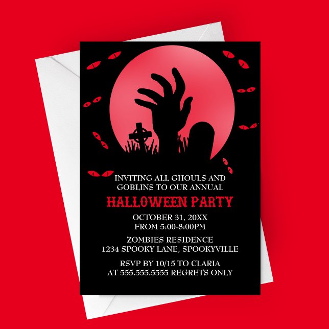 Zombie Halloween Party Invitation (Red Zombie Spooky Halloween Party Invitation | Graveyard with Haunted Eyes and Full Moon)