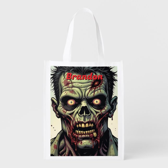 Zombie  Halloween Personalized Trick or Treat Grocery Bag (Front)