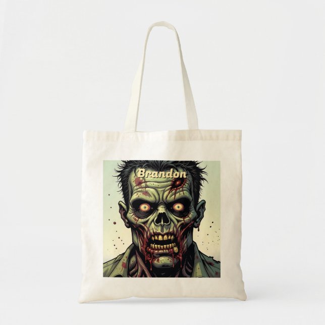 Zombie  Halloween Personalized Trick or Treat Tote Bag (Front)