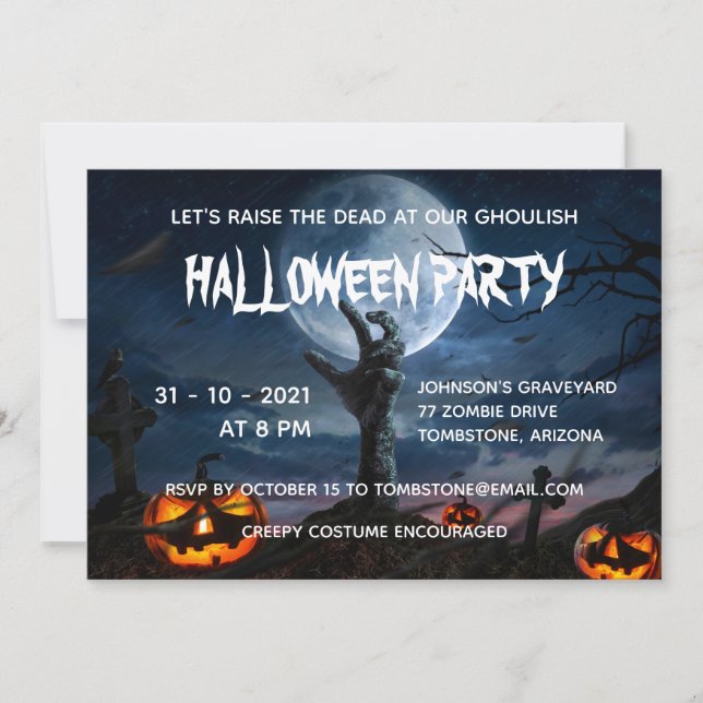 Zombie Hand Full Moon Creepy Halloween Party Invitation (Front)