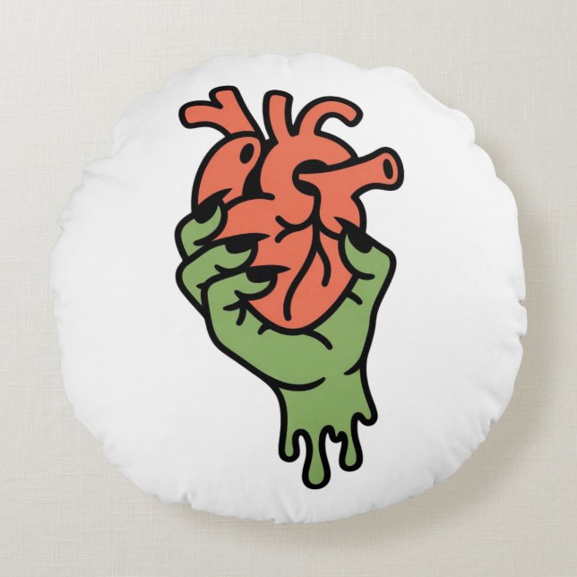 Zombie Hand Holding Heart Round Pillow (Front)