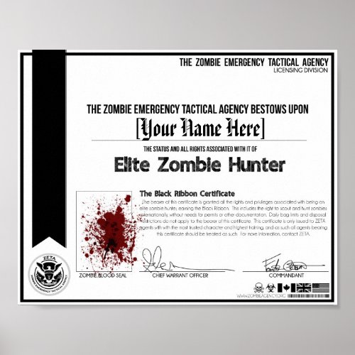 Zombie Hunter Certificate _ ZETA Poster