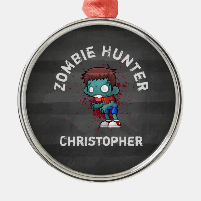 Zombie Hunter with Blood Splatter Creepy Cool Metal Ornament (Front)