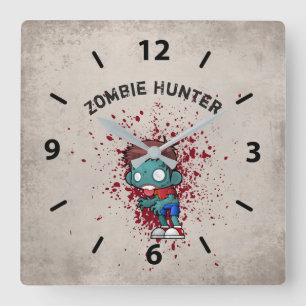 Zombie Hunter with Blood Splatter Creepy Cool Square Wall Clock