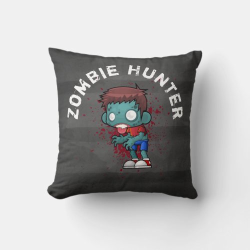 Zombie Hunter with Blood Splatter Creepy Cool Throw Pillow