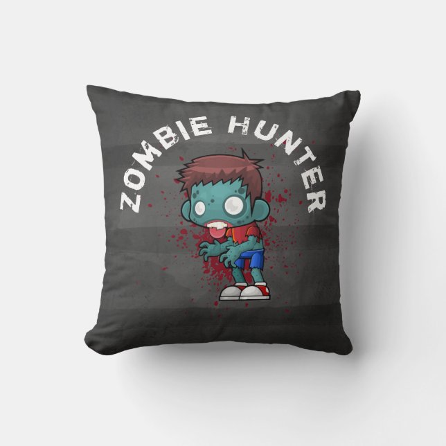 Zombie Hunter with Blood Splatter Creepy Cool Throw Pillow (Front)
