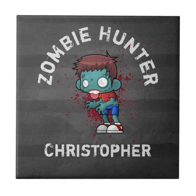 Zombie Hunter with Blood Splatter Creepy Cool Tile (Front)