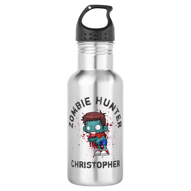 Zombie Hunter with Blood Splatter Creepy Cool Water Bottle (Front)