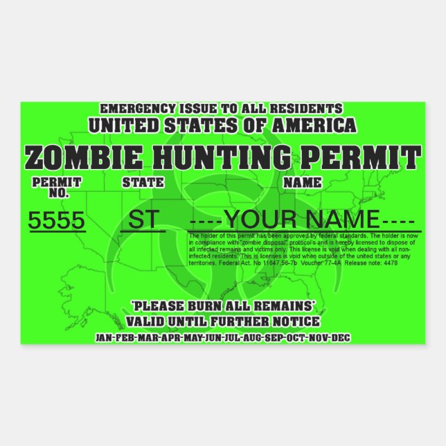 Zombie Hunting Permit (Bright Green) Rectangular Sticker (Front)