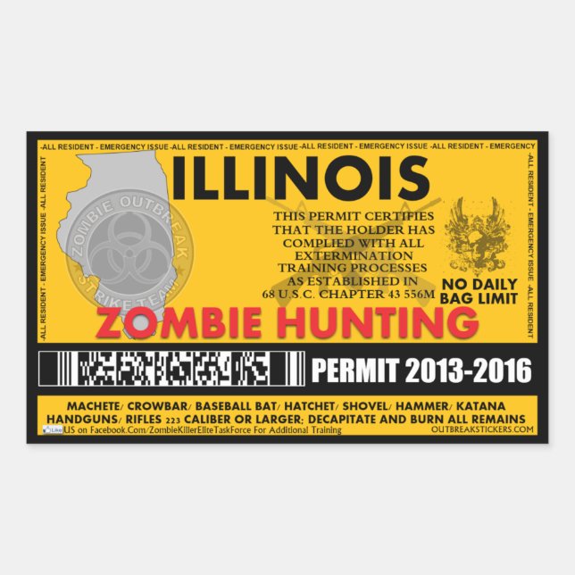 Zombie Hunting Permit Illinois Rectangular Sticker (Front)