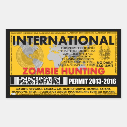 Zombie Hunting Permit International Rectangular Sticker