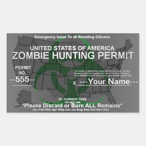 Zombie hunting permit template Green on Grey Rectangular Sticker