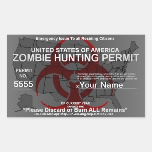 Zombie Hunting Permit Template Red on Grey Rectangular Sticker