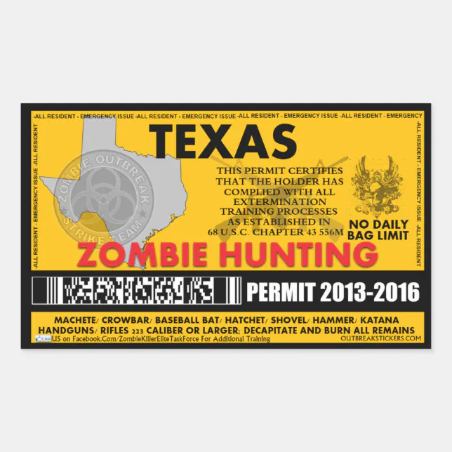 Zombie Hunting Permit Texas Rectangular Sticker Zazzle