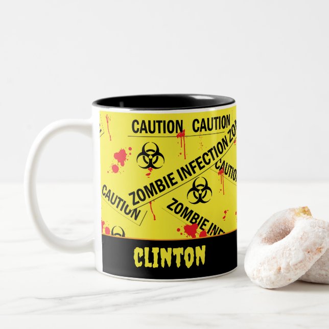 Zombie Infection Zone Yellow Biohazard Warning  Two-Tone Coffee Mug (With Donut)