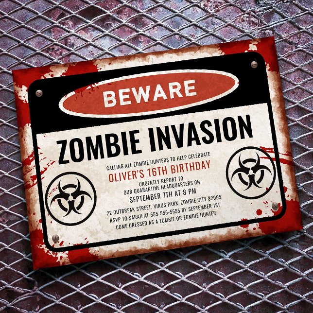 Zombie invasion party with rusty danger sign invitation (Creator Uploaded)