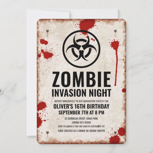 Zombie invasion with blood stains and rusty sign invitation