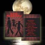 Zombie Kids Birthday Party Invitation<br><div class="desc">Zombie party invitations for a birthday or Halloween. Three walking dead zombies on the front with bright red, custom text for the type of party. On the back, customize a paragraph of text for all party information. Red grunge font is used and printed over black. The same starburst design decorates...</div>